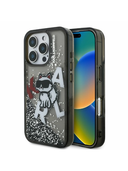 Karl Lagerfeld Karl Lagerfeld Folyékony Csillogó Szétszórt Choupette Hátlap iPhone 16 Pro Max-hoz Black