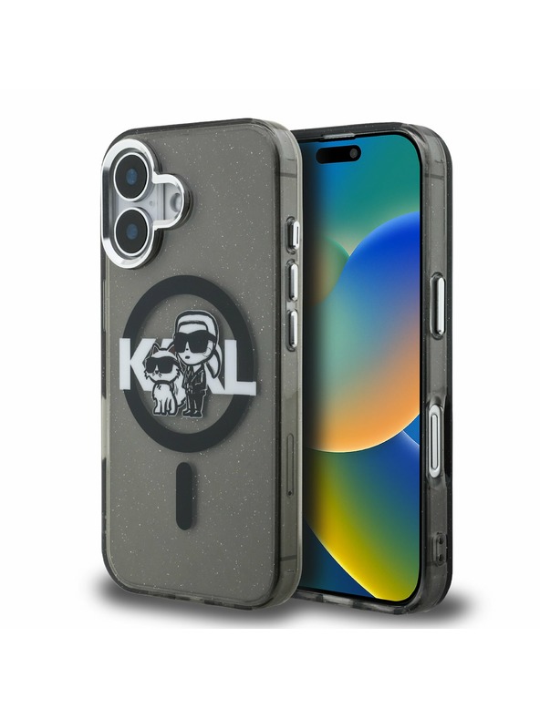 Karl Lagerfeld Karl Lagerfeld IML Glitter Karl and Choupette Sketch MagSafe Hátlap iPhone 16-hoz Black
