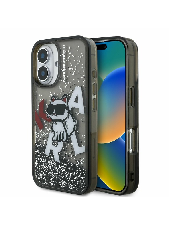 Karl Lagerfeld Karl Lagerfeld Liquid Glitter Scattered Choupette Hátlap iPhone 16 - Fekete