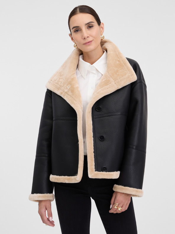 Orsay ORSAY Fekete női műbőr dzseki szőrmével