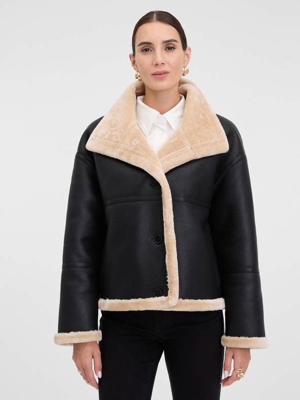 Orsay ORSAY Fekete női műbőr dzseki szőrmével