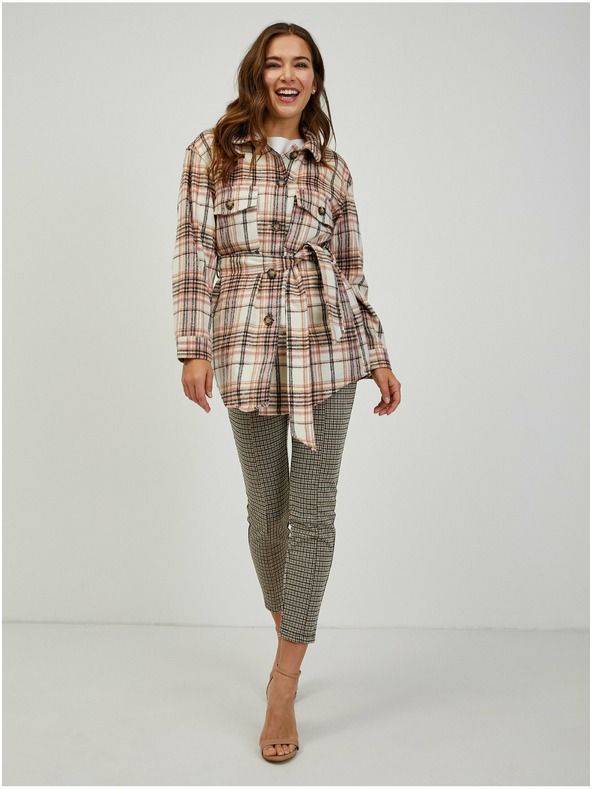 Orsay ORSAY rószaszín-krémszínű kockás ingszabású női dzseki megkötős övvelORSAY