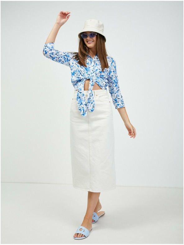 Orsay ORSAY fehér-kék virágmintás női blúz csomóra kötve