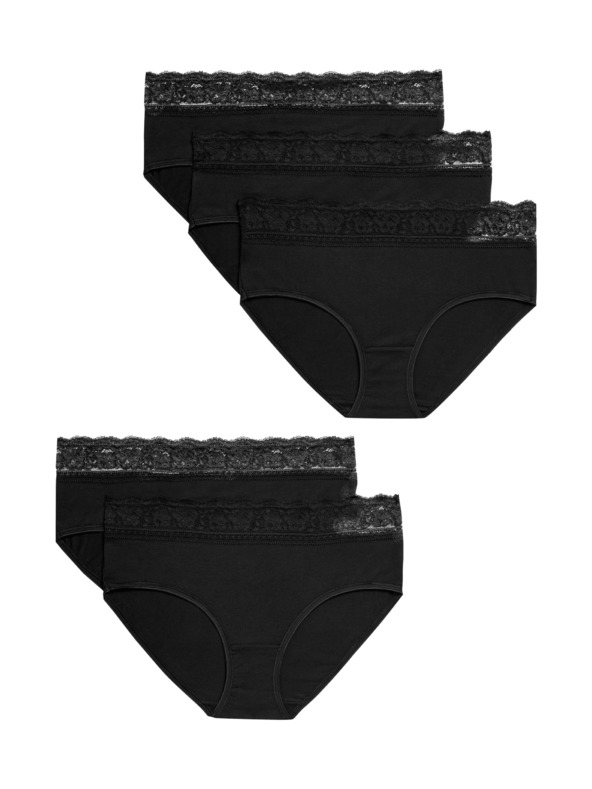 Marks & Spencer Csipkés midi bugyi pamutból és lycrából, 5 csomag Marks & Spencer fekete