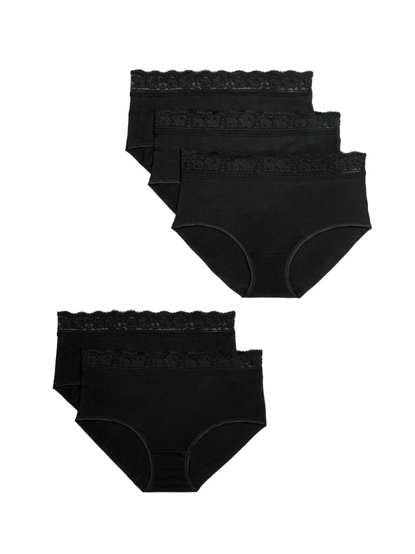 Marks & Spencer Magasan kivágott pamut és lycra bugyi, 5 csomag Marks & Spencer fekete 5 csomag