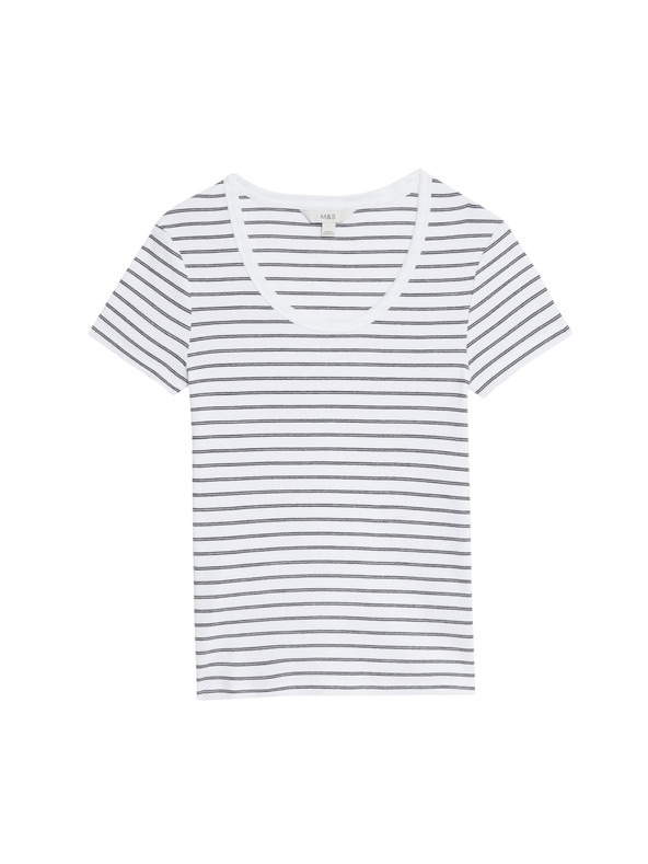 Marks & Spencer Csíkos póló ovális nyakkivágással, magas pamuttartalommal Marks & Spencer fehér