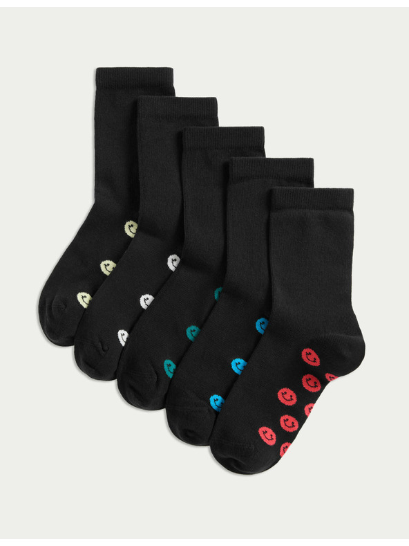 Marks & Spencer Iskolai zoknik magas pamuttartalommal és mosolygós mintával, 5 páros csomag Marks & Spencer fekete