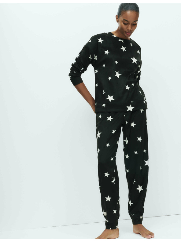 Marks & Spencer Csillag nyomatos polár pizsama szett mandzsettás nadrággal Marks & Spencer fekete