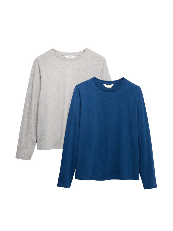 Marks & Spencer Marks & Spencer hosszú ujjú 100% pamut pizsama felsők, 2 db tengerészkék