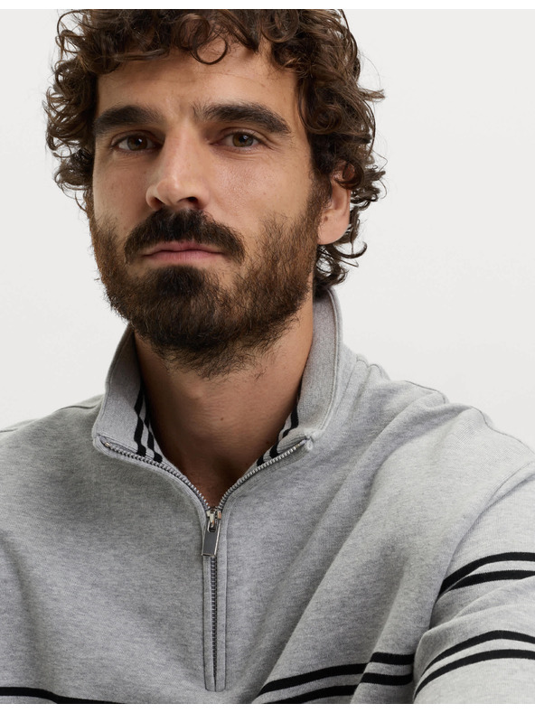 Marks & Spencer Nyakánál cipzáras csíkos pulóver, tiszta pamutból, Marks & Spencer szürke