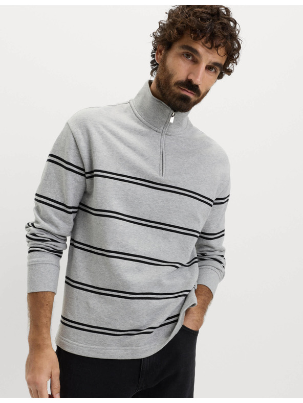 Marks & Spencer Nyakánál cipzáras csíkos pulóver, tiszta pamutból, Marks & Spencer szürke