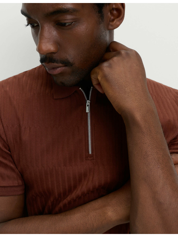Marks & Spencer Magas pamuttartalmú jacquard galléros póló cipzárral Marks & Spencer barna
