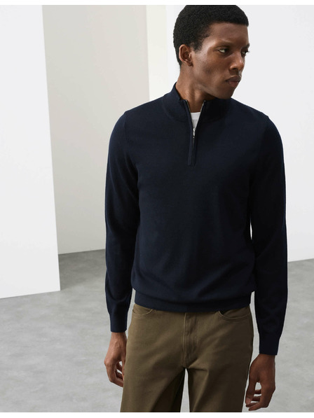 Marks & Spencer Rövid zipzáras pulóver tiszta extra finom merino gyapjúból, Marks & Spencer sötétkék