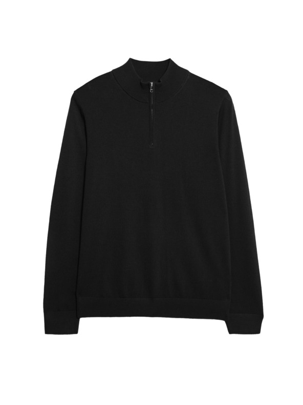 Marks & Spencer Rövid zipzáras pulóver tiszta extra finom merino gyapjúból, Marks & Spencer fekete