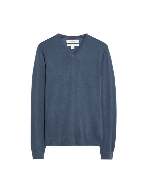 Marks & Spencer V-nyakú pulóver tiszta rendkívül finom merino gyapjúból, Marks & Spencer sötétkék
