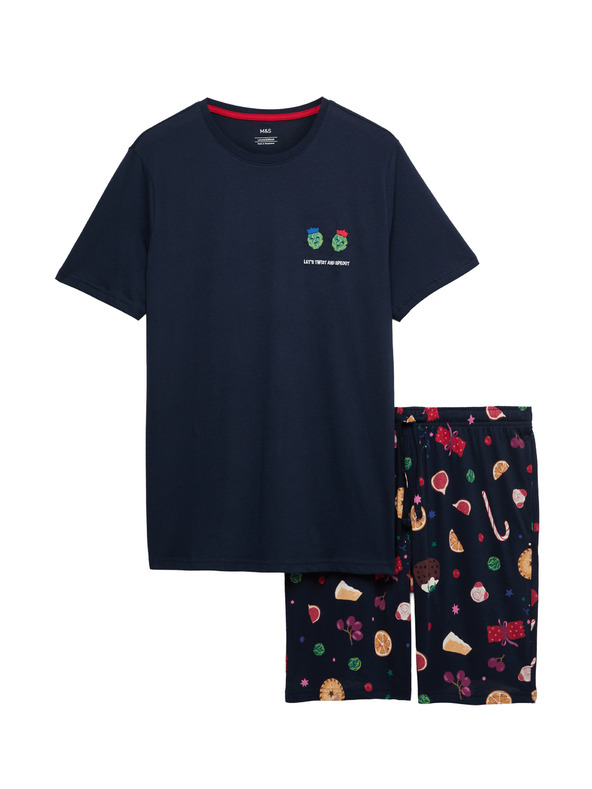 Marks & Spencer Marks & Spencer karácsonyi otthoni 100% pamut pizsama szett ételmintával tengerészkék