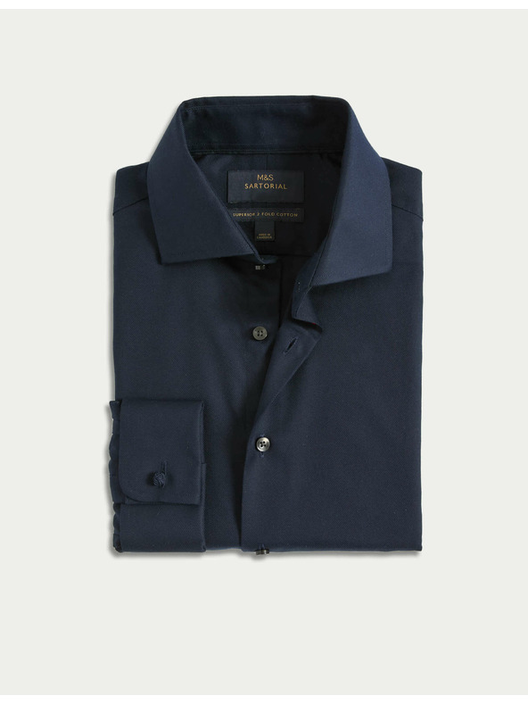 Marks & Spencer Marks & Spencer tengerészkék, keskeny szabású kevert szövetű ing luxus minőségű pamutból, dupla mandzsettával