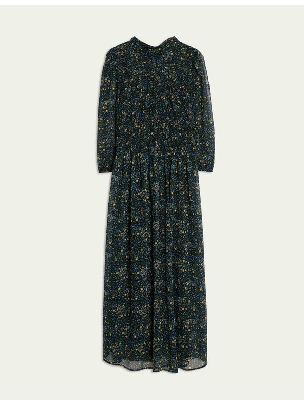 Marks & Spencer Marks & Spencer fekete virágos, ráncolt midi ruha kiemelt derékkal