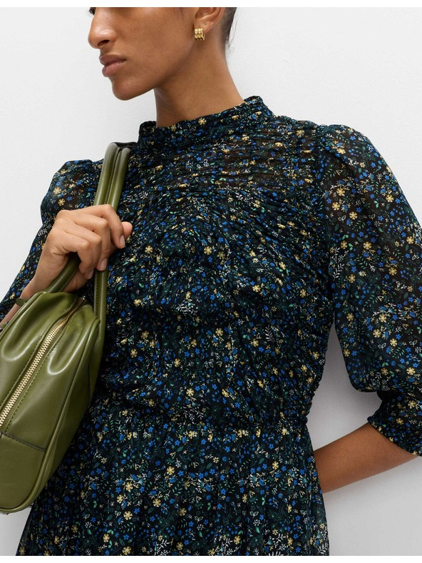 Marks & Spencer Marks & Spencer fekete virágos, ráncolt midi ruha kiemelt derékkal