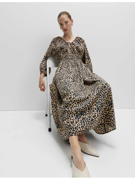 Marks & Spencer Marks & Spencer bézs midi ruha kiemelt derékkal, ráncolt, V-nyakú, állatos mintával