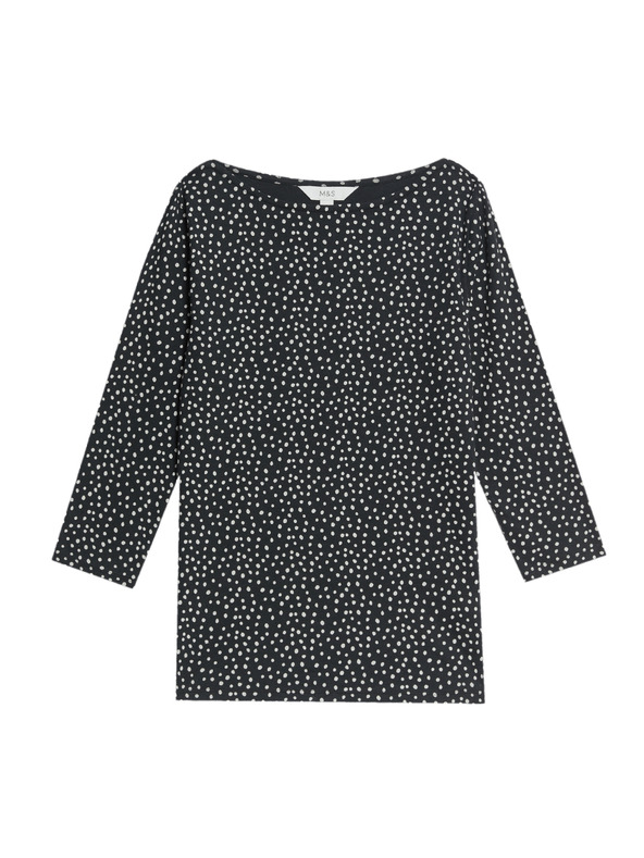 Marks & Spencer 100% pamut felső csónaknyakkal és nyomott mintával, szűk szabás, Marks & Spencer fekete