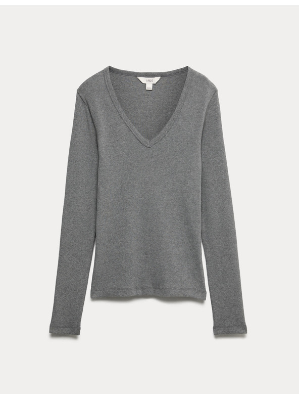 Marks & Spencer V-nyakú, bordázott felső magas pamuttartalommal, Marks & Spencer szürke