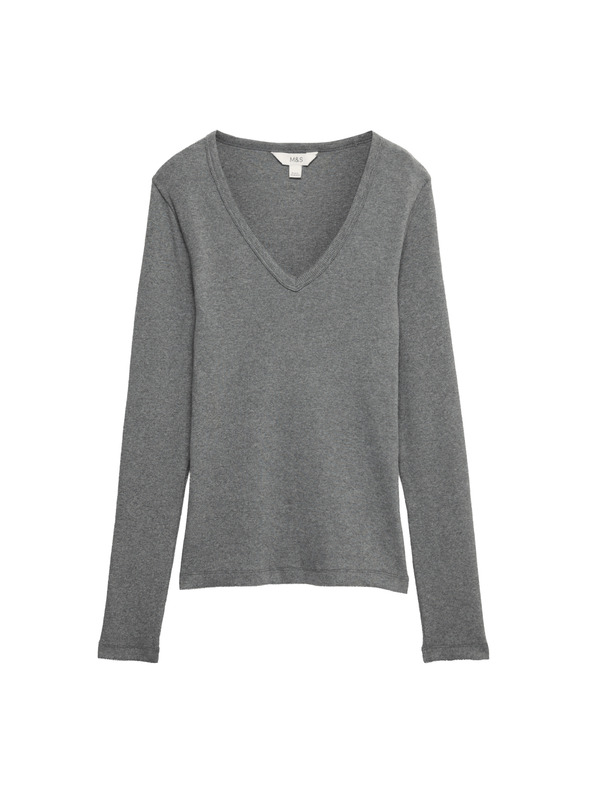 Marks & Spencer V-nyakú, bordázott felső magas pamuttartalommal, Marks & Spencer szürke