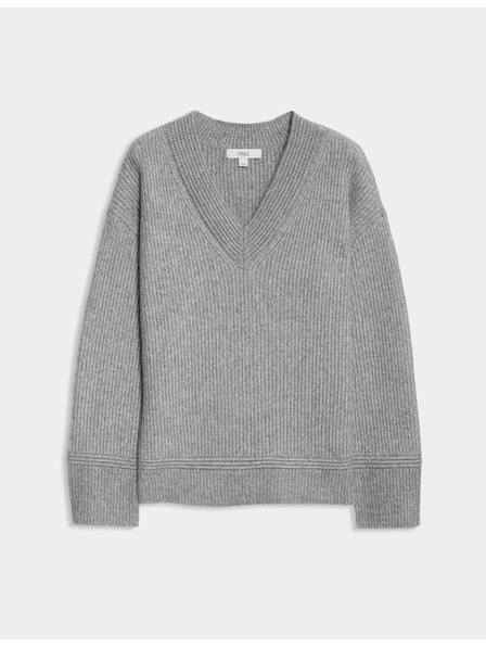 Marks & Spencer Bordázott V-nyakú pulóver puha fonálból Marks & Spencer szürke