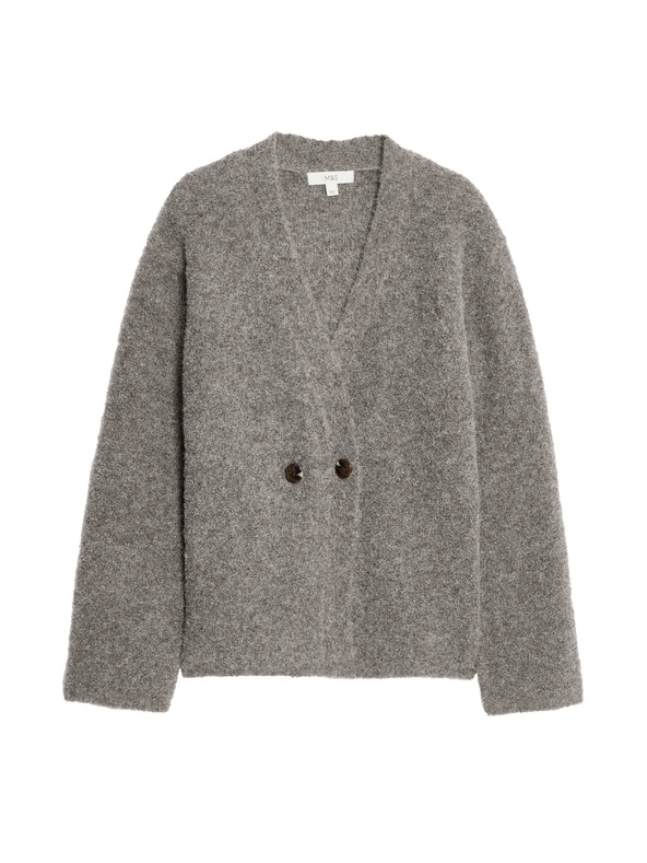 Marks & Spencer Marks & Spencer gyűrött kardigán elülső gombokkal és V-nyakkal, gyapjú tartalommal barna