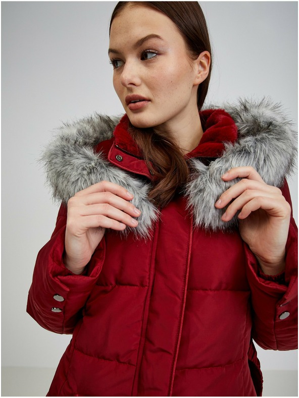 Orsay ORSAY borszínű női pehelypaplan télikabát kapucnival és műszőrmével