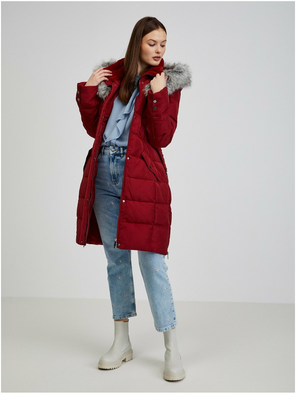 Orsay ORSAY borszínű női pehelypaplan télikabát kapucnival és műszőrmével