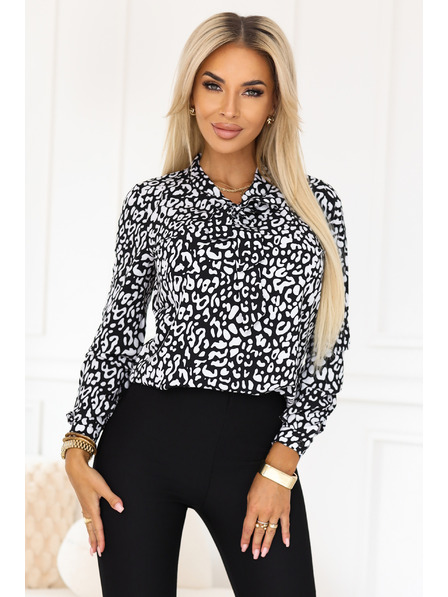 numoco Üzleti blúz hosszú ujjal és elöl megkötővel - fekete-fehér minta