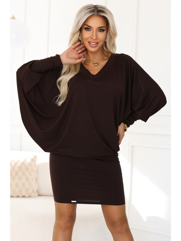 numoco Kényelmes denevér szabású ruha hosszú ujjal - csokoládé