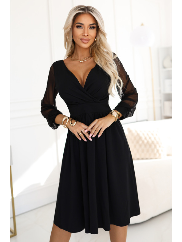 numoco Elegáns midi ruha átlapolt nyakkivágással és tüll ujjakkal - fekete