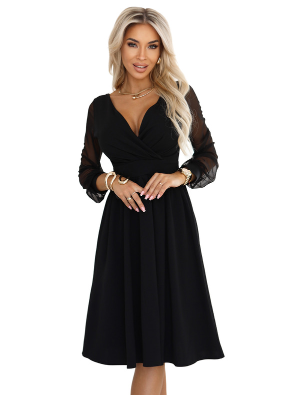 numoco Elegáns midi ruha átlapolt nyakkivágással és tüll ujjakkal - fekete