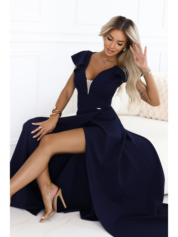 numoco Elegáns maxi ruha fodrokkal, mély dekoltázzsal és oldalsó hasítékkal - sötétkék