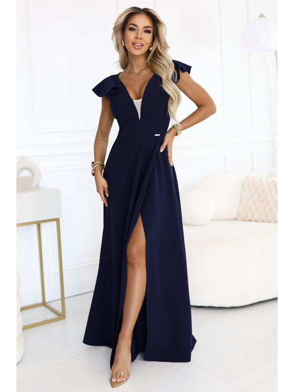 numoco Elegáns maxi ruha fodrokkal, mély dekoltázzsal és oldalsó hasítékkal - sötétkék