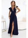 numoco Elegáns maxi ruha fodrokkal, mély dekoltázzsal és oldalsó hasítékkal - sötétkék
