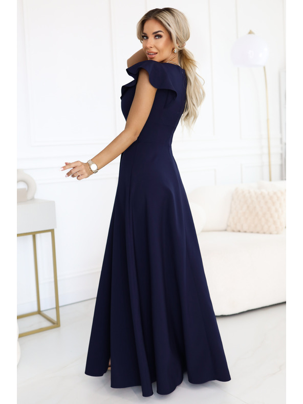 numoco Elegáns maxi ruha fodrokkal, mély dekoltázzsal és oldalsó hasítékkal - sötétkék