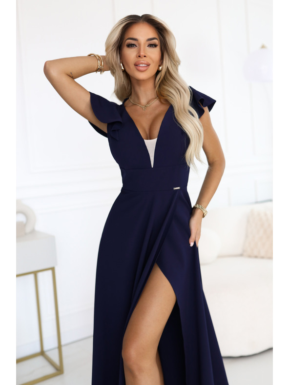numoco Elegáns maxi ruha fodrokkal, mély dekoltázzsal és oldalsó hasítékkal - sötétkék