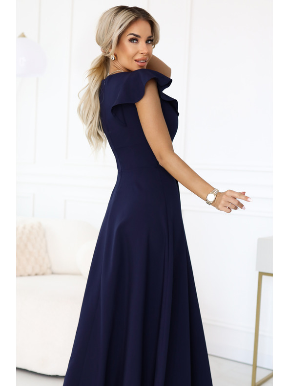 numoco Elegáns maxi ruha fodrokkal, mély dekoltázzsal és oldalsó hasítékkal - sötétkék