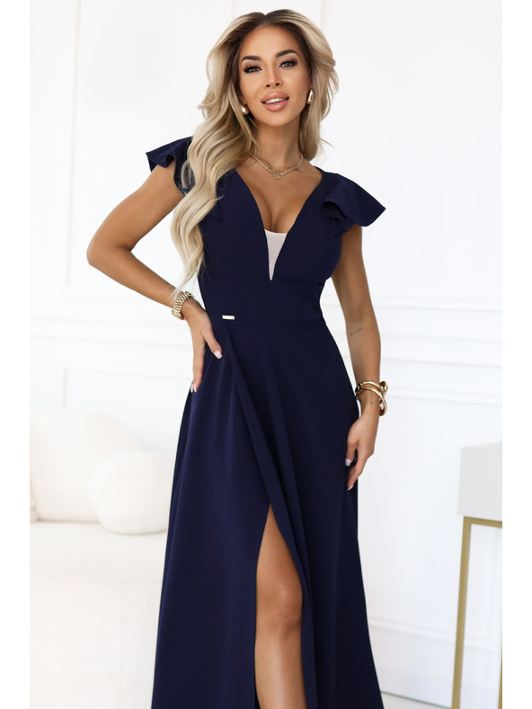 numoco Elegáns maxi ruha fodrokkal, mély dekoltázzsal és oldalsó hasítékkal - sötétkék