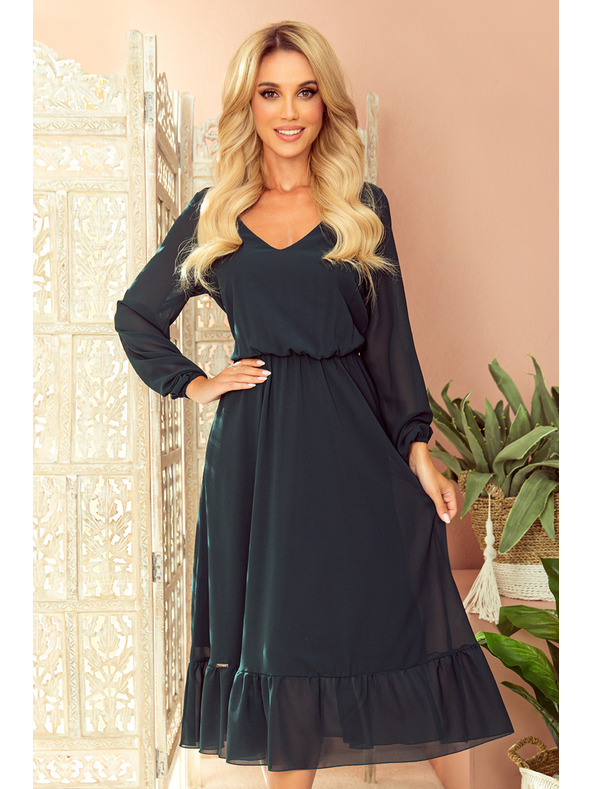 numoco Selyem midi ruha gallérral és kivágással - zöld