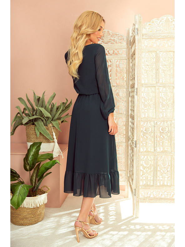 numoco Selyem midi ruha gallérral és kivágással - zöld