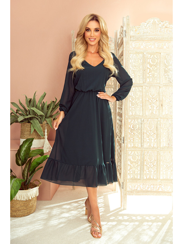 numoco Selyem midi ruha gallérral és kivágással - zöld