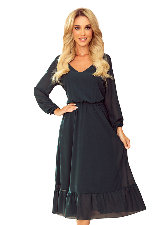 numoco Selyem midi ruha gallérral és kivágással - zöld