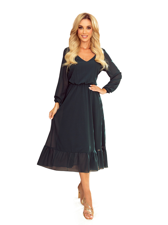 numoco Selyem midi ruha gallérral és kivágással - zöld