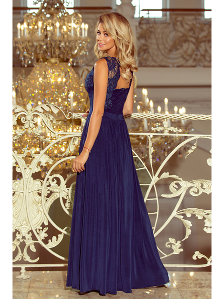 numoco LEA hosszú ruha hímzett nyakkivágással - sötétkék