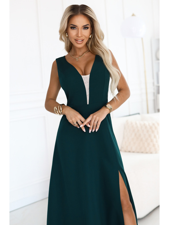 numoco Divatos, karcsúsító maxi ruha oldalsó hasítékkal - üvegzöld