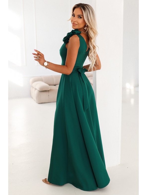 numoco Elegáns maxi estélyi ruha hasítékkal és rózsákkal - palackzöld
